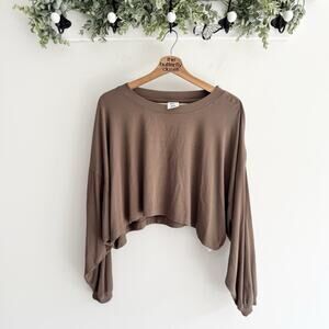 Cream Yoga Brown Ribbed Crop Balloon Sleeve Athletic Top XS/S #ts